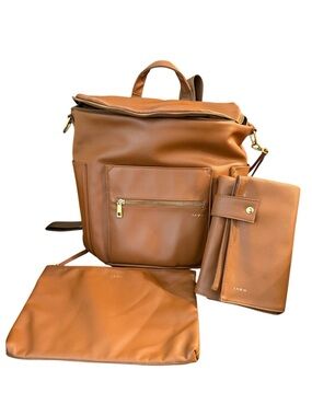 Fawn Design Original Tan Leather Backpack Tote and The Changing Clutch Bundle